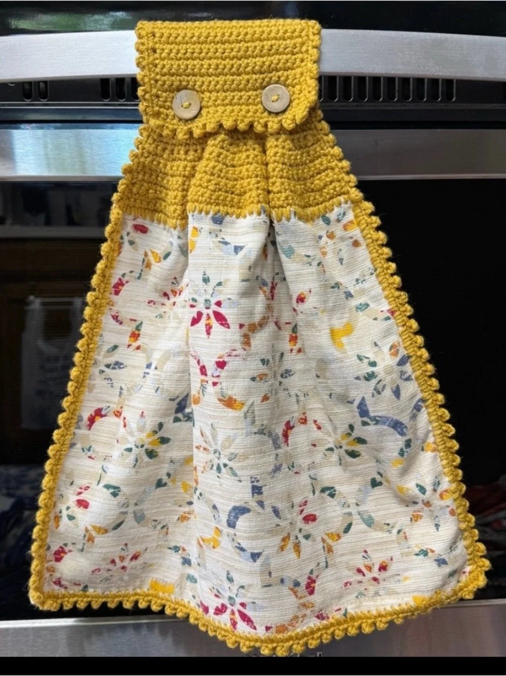 Handmade Crochet Hanging Kitchen Towel Mustard Gold Floral
